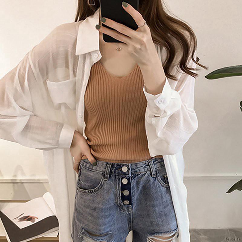 Áo dệt kim nữ sát nách cổ chữ V gợi cảm