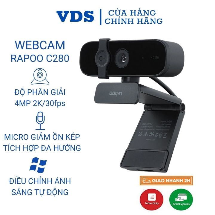 Webcam máy tính Rapoo C280 2K (2560 x 1440) 4MP 2K/30fps tích hợp mic giảm ồn hỗ trợ học trực tuyến online livestream pc