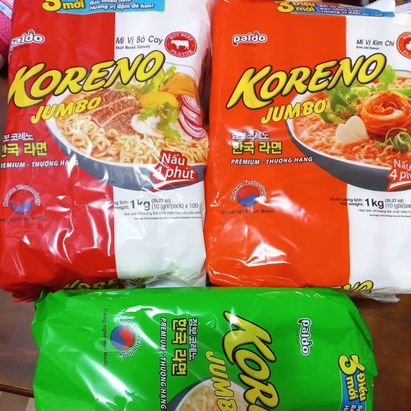 [Mã GROXUAN1 giảm 8% đơn 150K] Mì cân Koreno jumbo vị gà, bò cay, kim chi (10 gói*100g)