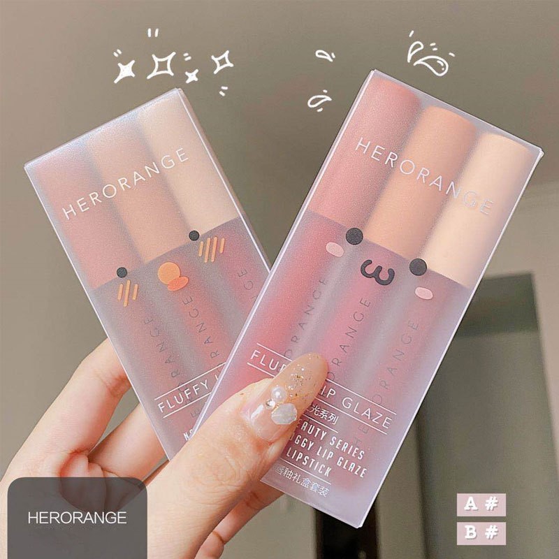 Set 3 son kem lì HERORANGE chất velvet mịn lì Fluffy Lip Glaze | Thế Giới Skin Care