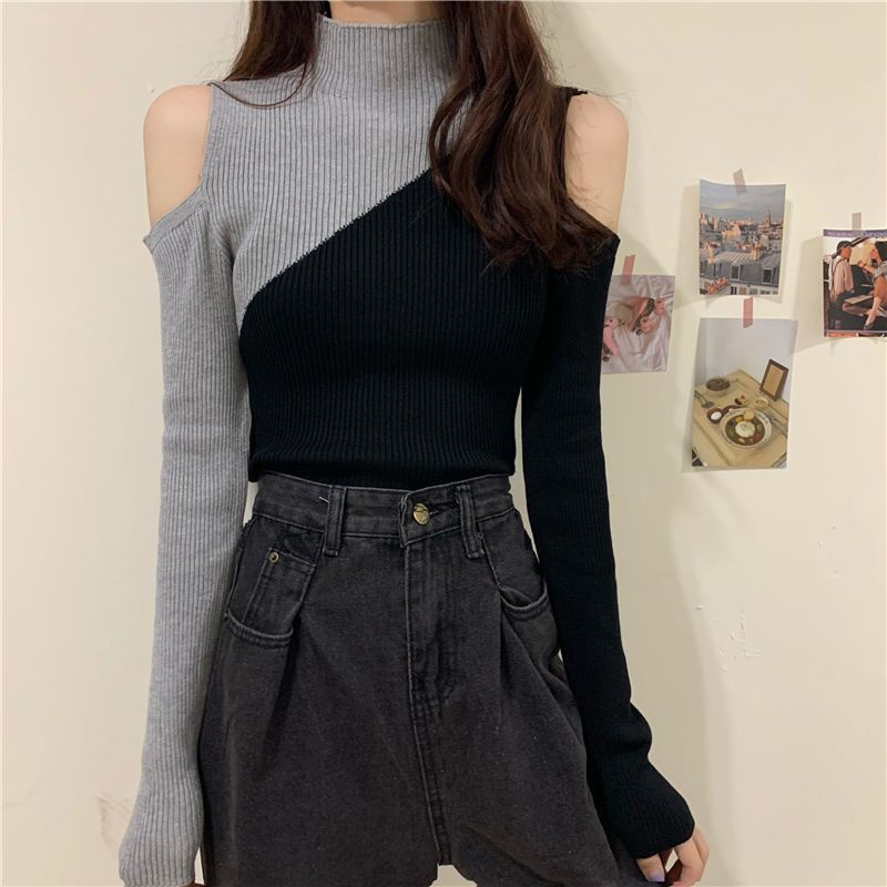 Áo Dệt Kim Tay Dài Cổ Lọ Phối Màu Tương Phản Phong Cách Hàn Quốc Thời Trang Mùa Đông Cho Nữ