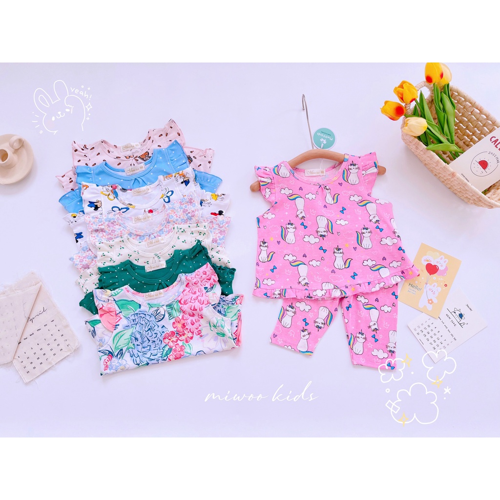 Bộ Cotton Bozip Bé Gái Miwoo Kids Tay Cánh Tiên Quần Ngố In Hình Hoạt Hình Siêu Đáng Yêu Cho Bé 7-21kg