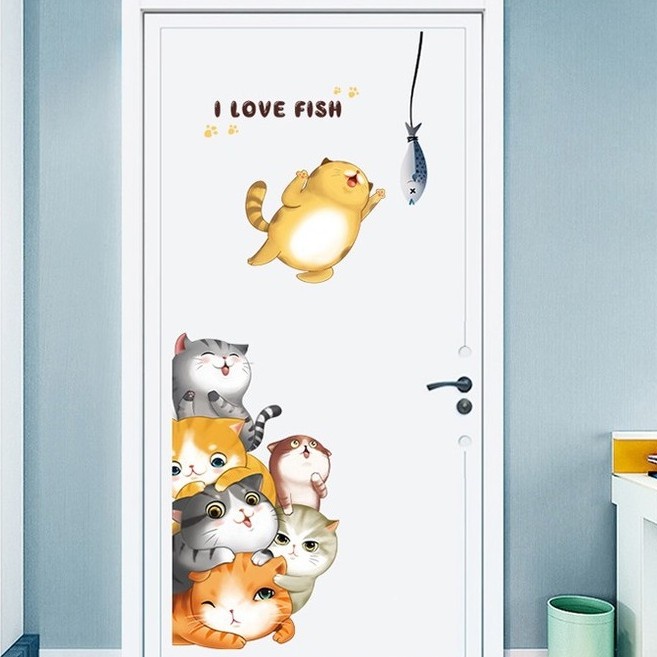 Tranh decal trang trí tủ lạnh dán tường NHỮNG CHÚ MÈO YÊU CÁ siêu yêu - Decal dán chi tiết rời