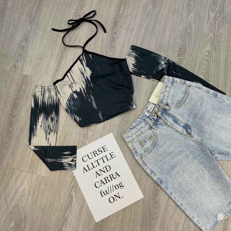 Áo ulzzang croptop cổ yếm loang màu thun co giãn tay dài