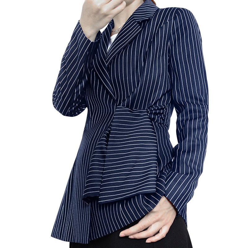 Áo blazer ZANZEA tay dài có dây rút họa tiết kẻ sọc hợp thời trang cho nữ