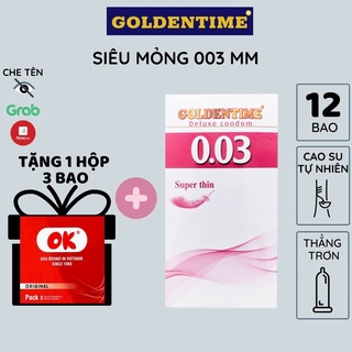 Bao cao su GOLDENTIME siêu mỏng 0.03 superthin hộp 12 bao thêm gel kéo dài thời gian, chống xuất tinh sớm