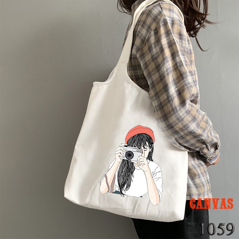 TÚI TOTE TRẮNG CHẤT VẢI CANVAS 1059 GIRL PHOTOGRAP DỄ THƯƠNG HÀNG CHUẨN ĐẸP