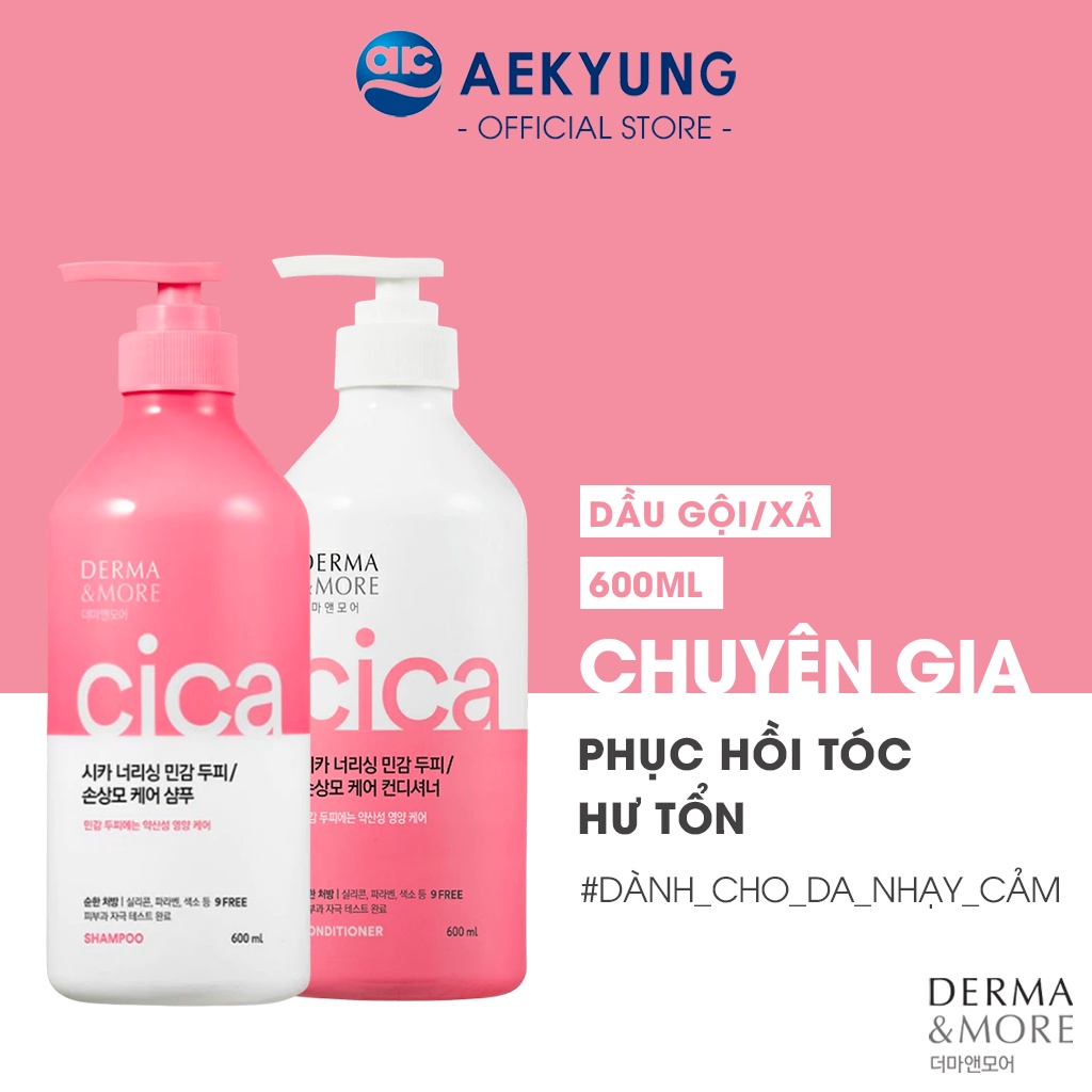 Bộ dầu gội và dầu xả phục hồi tóc hư tổn Derma & More CICA giảm gãy rụng, dưỡng tóc bóng khỏe cho da đầu nhạy cảm 600ml