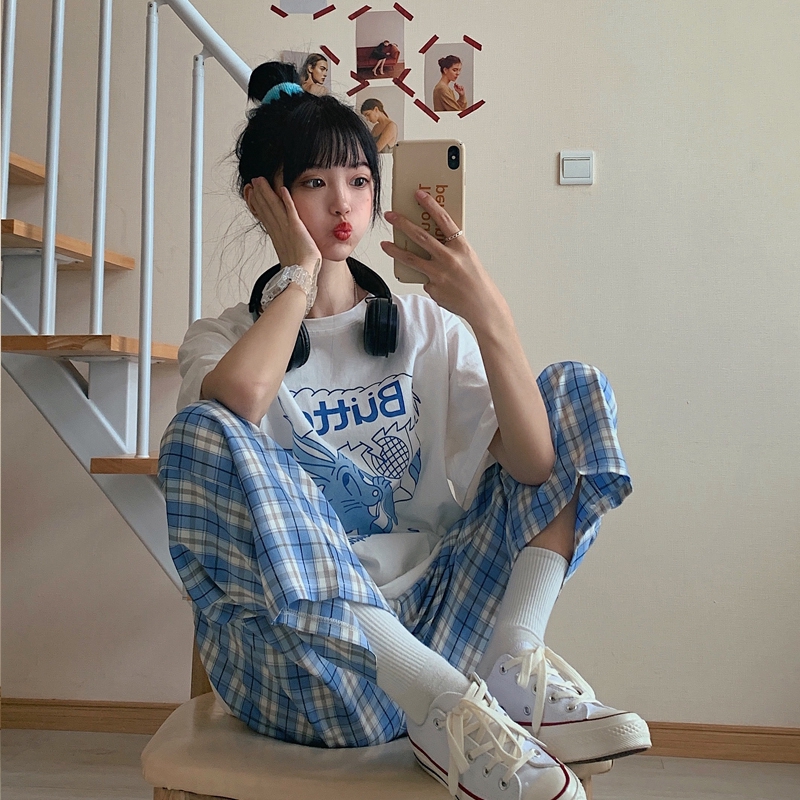 SUXI Quần Dài Nữ Ống Rộng Họa Tiết Caro Thời Trang Cá Tính