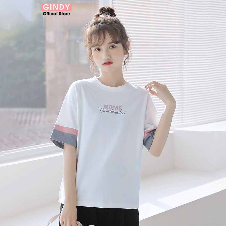 Áo phông nữ cổ tròn Gindy thun chất cotton thoáng mát tay lỡ form rộng unisex đẹp Hàn Quốc A013