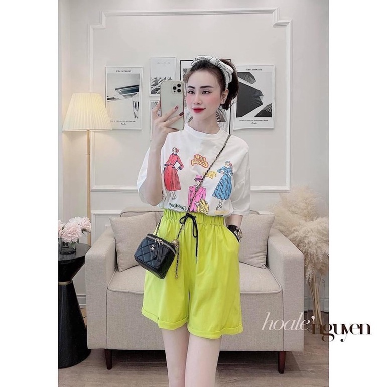 Set bộ áo phông trắng suông hoạt hình mix quần sooc cạp chun siêu xinh L1 | BigBuy360 - bigbuy360.vn