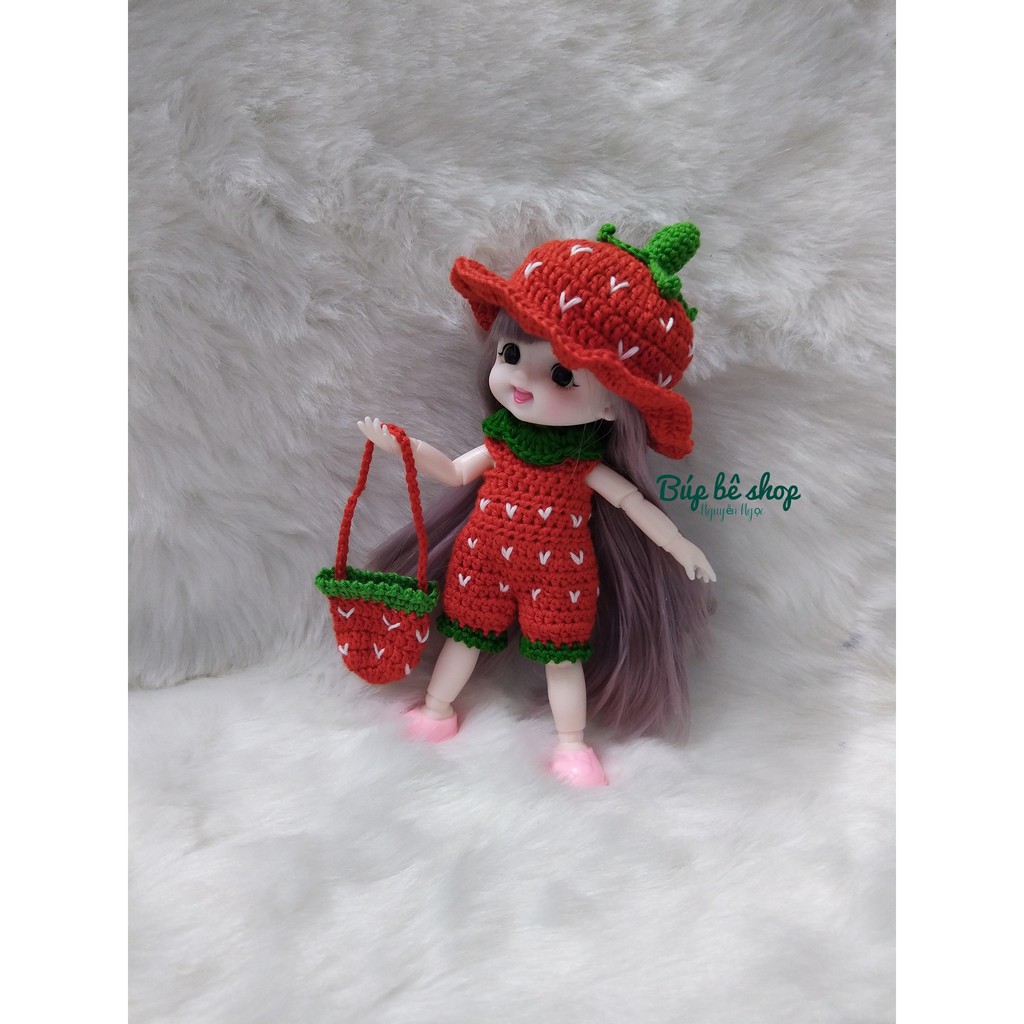 - Quần áo, váy đầm len, Set bộ quả dâu búp bê Baboliy, búp bê 16cm