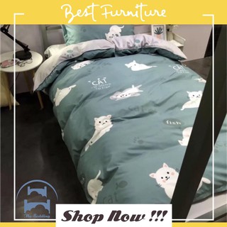 Chăn ga gối cotton poly - Mẫu mèo xanh