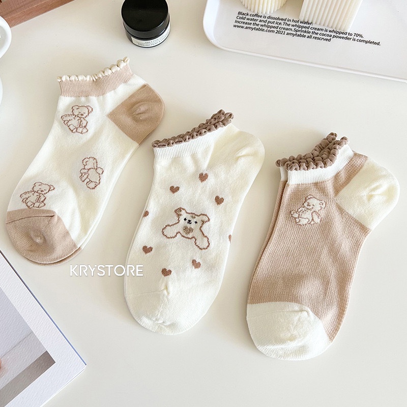 Set 5 đôi tất nữ ngắn cổ gấu nâu viền ren SN11