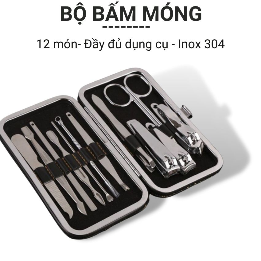 Bấm móng tay 12 món đa năng chất liệu thép, bộ cắt móng tay thiết kế nhỏ gọn đầy đủ chức năng kèm hộp bằng da Angola