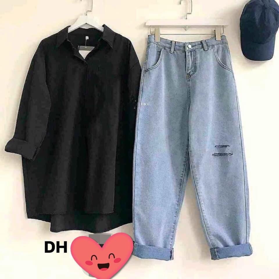 Set Quần Jean ống rộng rách 2 gối + sơ mi lụa thô đi học đi chơi cực đẹp