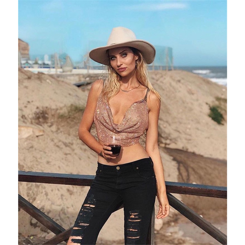 DUNEA Áo hai dây hở lưng phối dây xích kim loại lấp lánh gợi cảm cho nữ