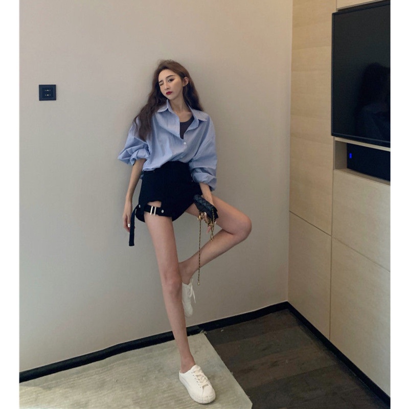 Quần Short Denim Lưng Cao Thiết Kế Không Đồng Đều Cá Tính Thời Trang