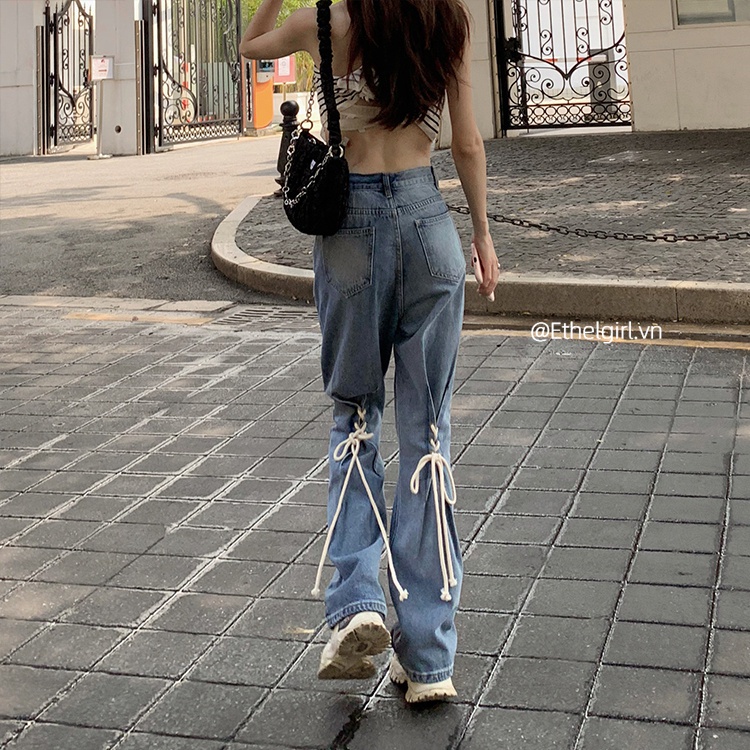 Quần jean ống rộng lưng cao thời trang Hàn Quốc sành điệu cho nữ