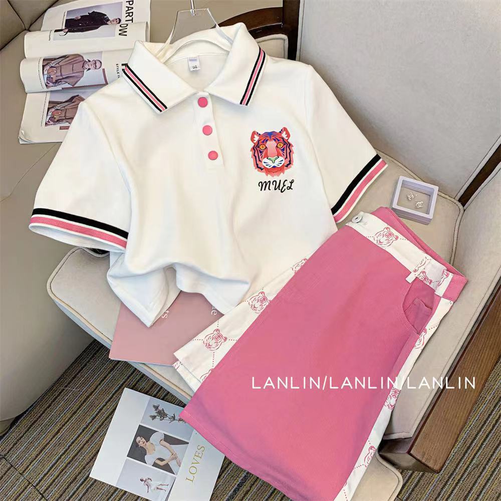 Gentle tie fat sister pink large size suit 2022 summer new Polo collar blouse printed skirt two-piece set