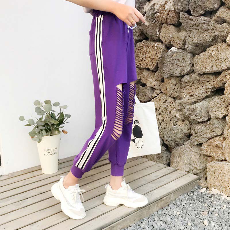 Quần Nữ, quần jogger rách viền sọc