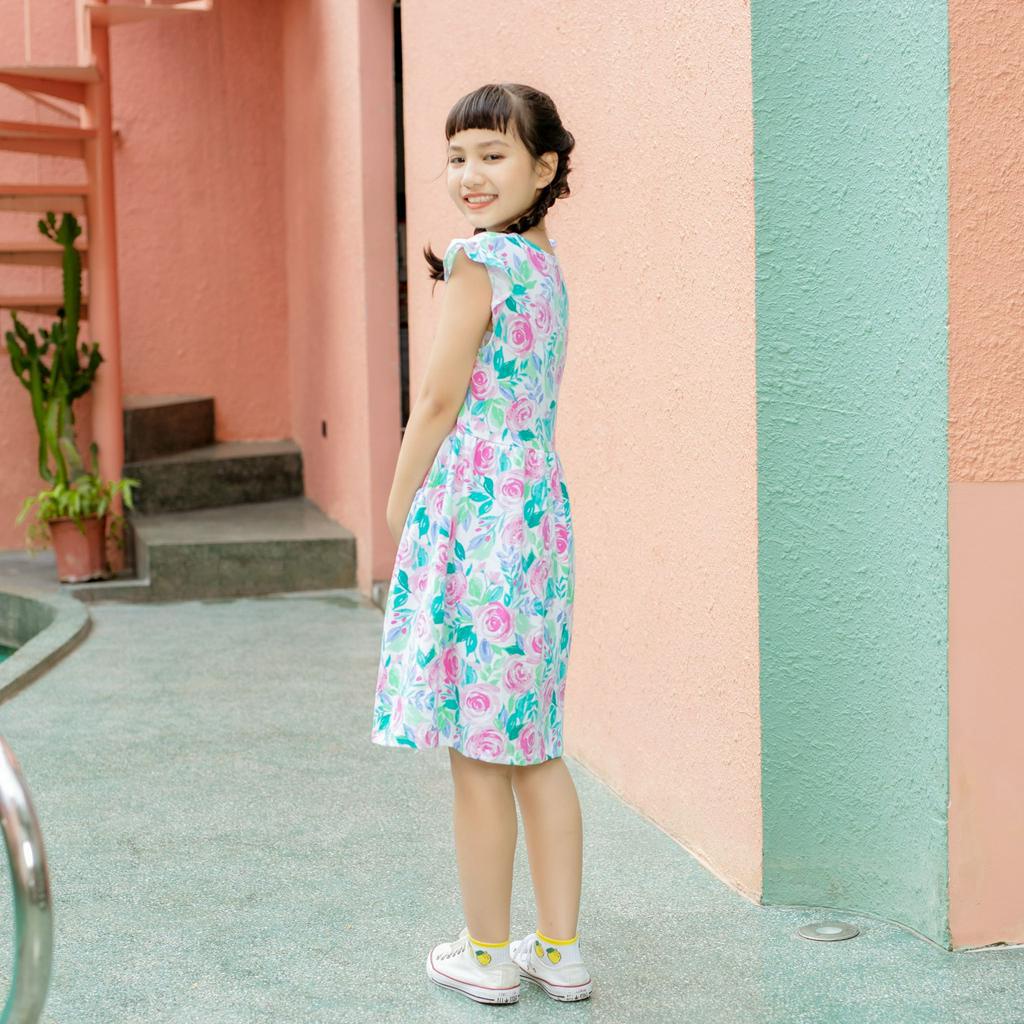 Đầm bé gái tay cánh tiên in hoa hồng, 18-40 kg, 100% cotton 4 chiều, A3