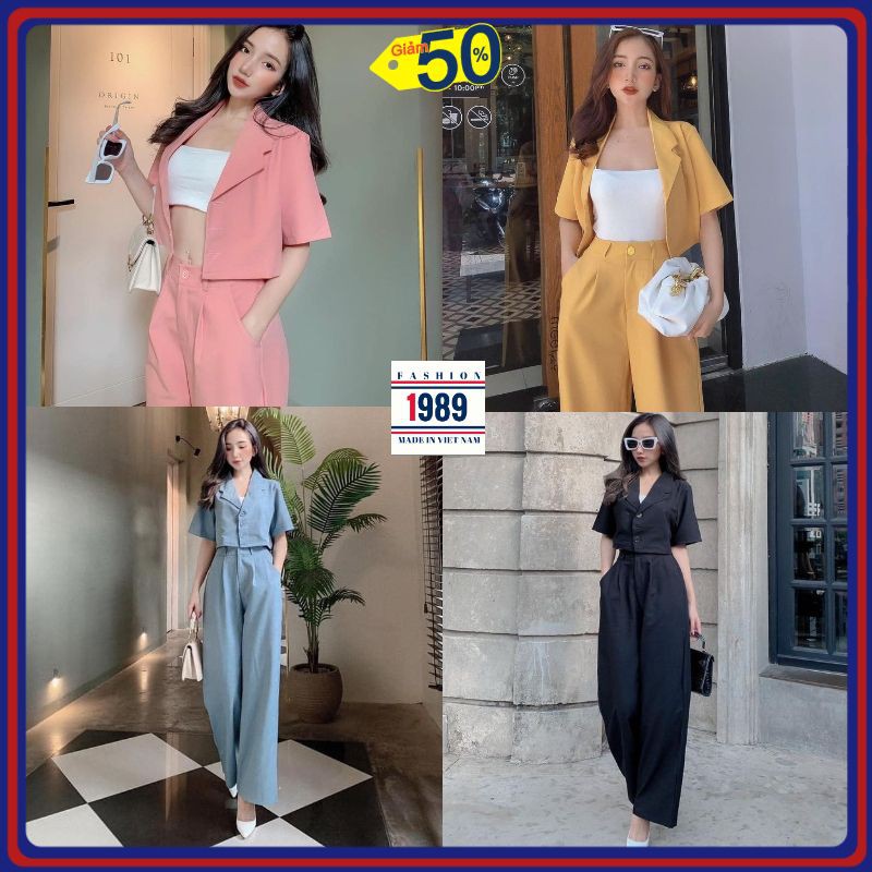 (VIDEO) Bộ vest nữ bộ vest áo croptop quần ống rộng lưng cao ,bộ vest hàn quốc chất tuyết mưa đẹp thời trang 1989