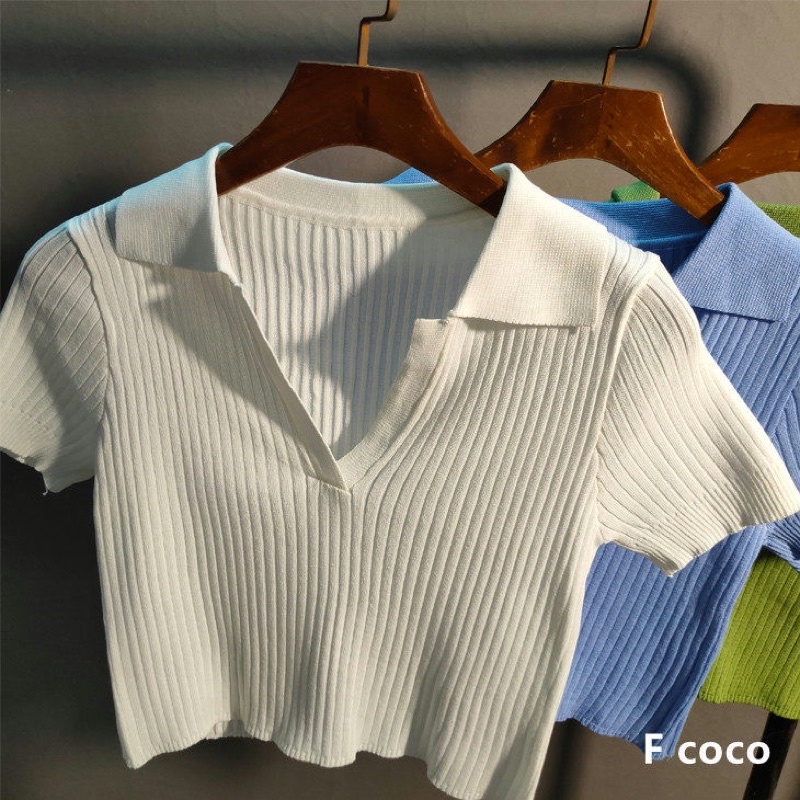 Áo Len Gân Quảng Châu Cổ Polo Đức (Ảnh Thật) Áo Kiểu Nữ Đơn Giản Hàn Quốc