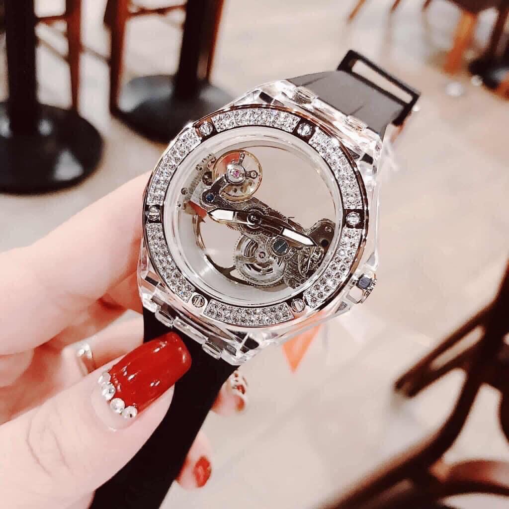 Đồng Hồ Davena Nam Automatic D31592 Mặt Lộ Máy Trong Suốt Dây Silicon Nâu 42mm Rose Gold Chính Hãng