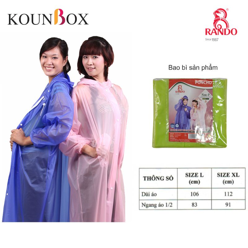 Áo Mưa RANDO Poncho Dây Kéo Trong Màu APPC-09 | Dây Kéo + Nút Bấm | Chất Liệu Trong Mờ, Màu Sắc Thời Trang | Kounbox