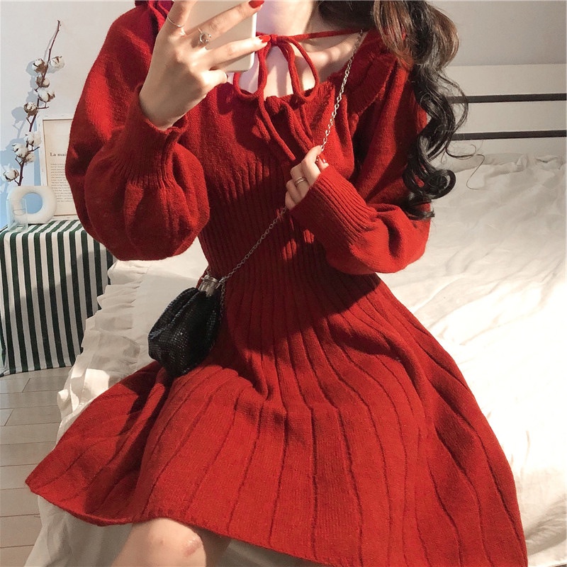 Váy len trễ vai ulzzang hàn quốc đẹp cao cấp V20 | BigBuy360 - bigbuy360.vn