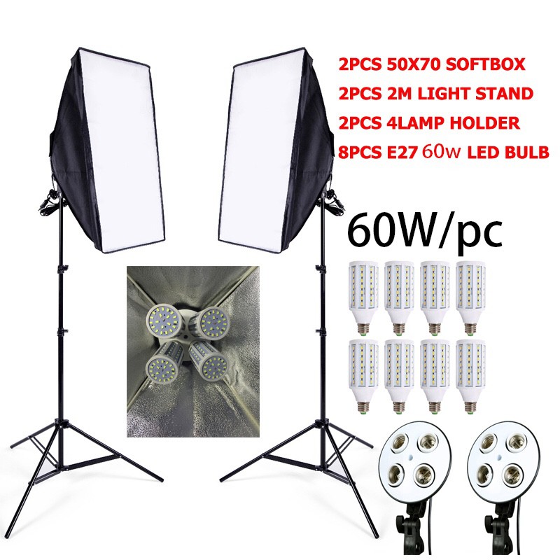 Combo 2 đèn softbox chuôi 4 lõi sứ 50x70cm và 8 đèn Led 360 độ 480W có 2 chân đứng 2m