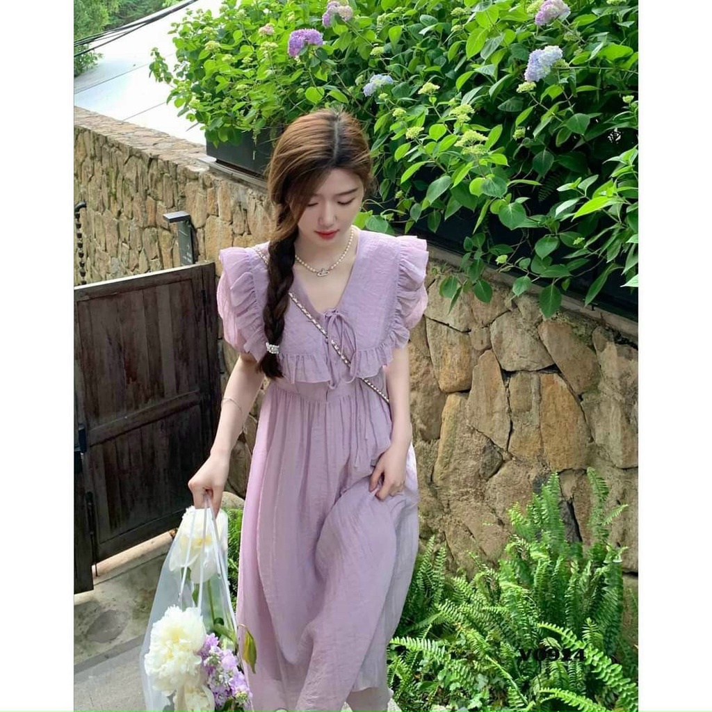 Đầm thời trang nữ mặc đi biển chất lụa đũi màu tím bèo tay ngắn dáng váy maxi dài suông