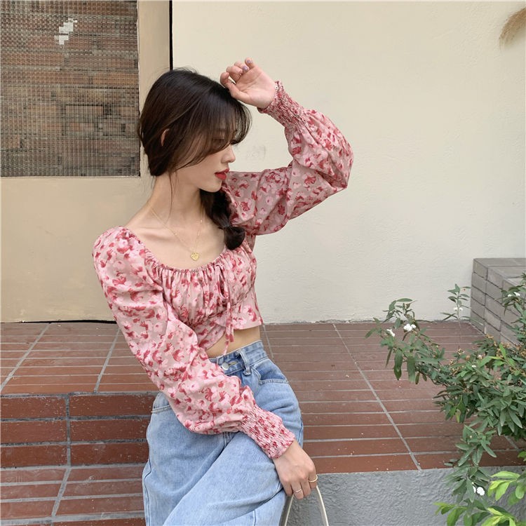 Áo Kiểu Tay Dài Cổ Vuông Chất Chiffon Hoạ Tiết Hoa Cho Phái Nữ | BigBuy360 - bigbuy360.vn