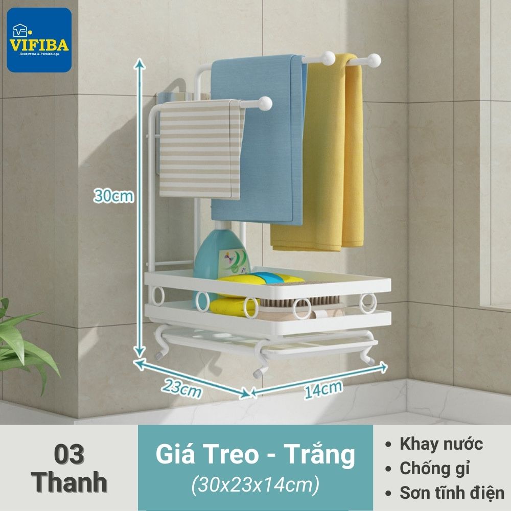 Giá treo đựng đồ rửa chén bát VIFIBA Loại 3 thanh 14x23x30cm Thép carbon chống gỉ Sơn tĩnh điện Màu đen trắng