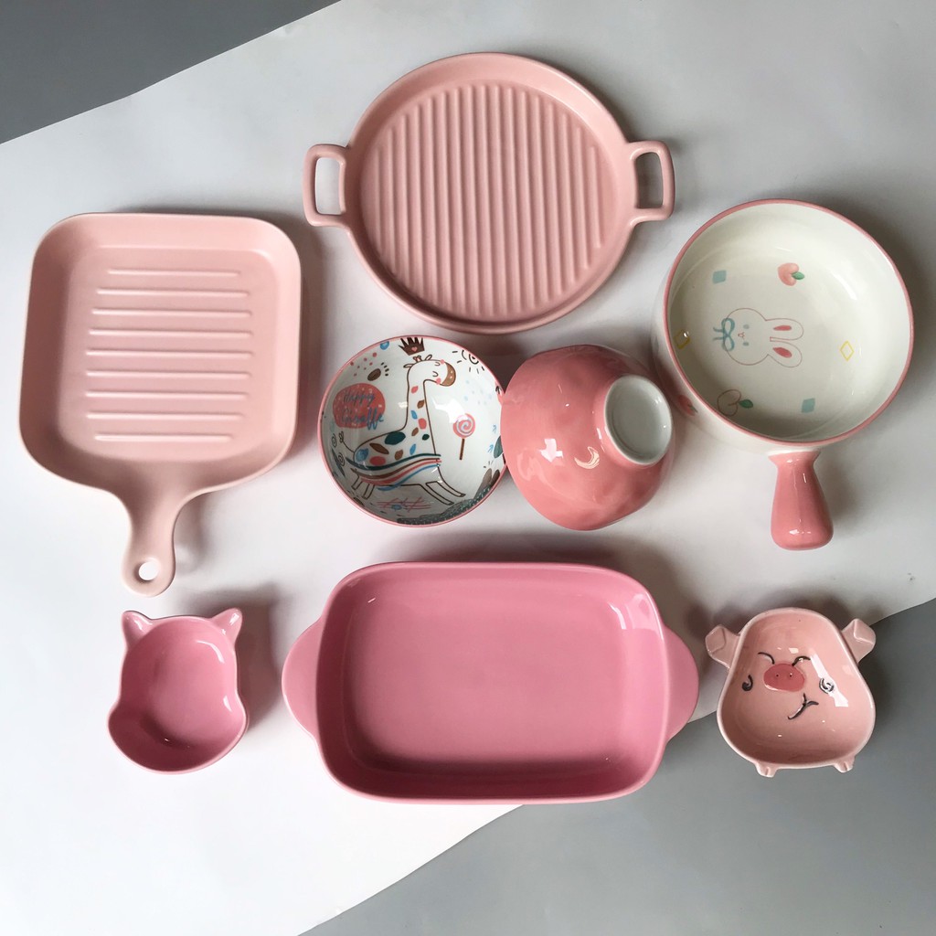 Bát Đĩa Decor  Bát Đĩa Sứ  Chén Dĩa Dễ Thương Đẹp Cao Cấp Ăn Dặm Cho Bé 25 món hình Thỏ Hồng