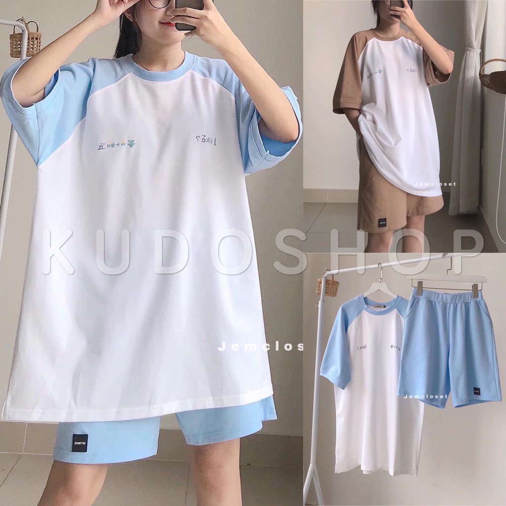 Bộ quần áo nữ phom thụng họa tiết chữ hàn quốc thời trang unisex/ Set áo thun cộc tay kèm quần đùi dáng rộng_kudoshop