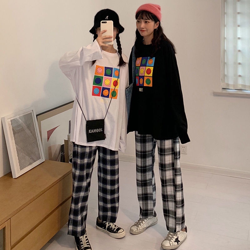 Set Áo Thun Tay Dài Dáng Rộng + Quần ống rộng Họa Tiết Sọc Caro Thời Trang Cho Nữ