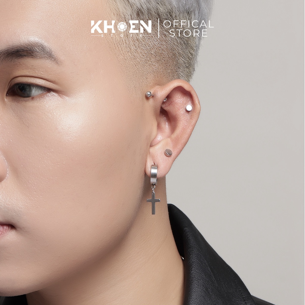 Khuyên tai nam thánh giá tròn dày 8mm thép không rỉ - Khoen Store