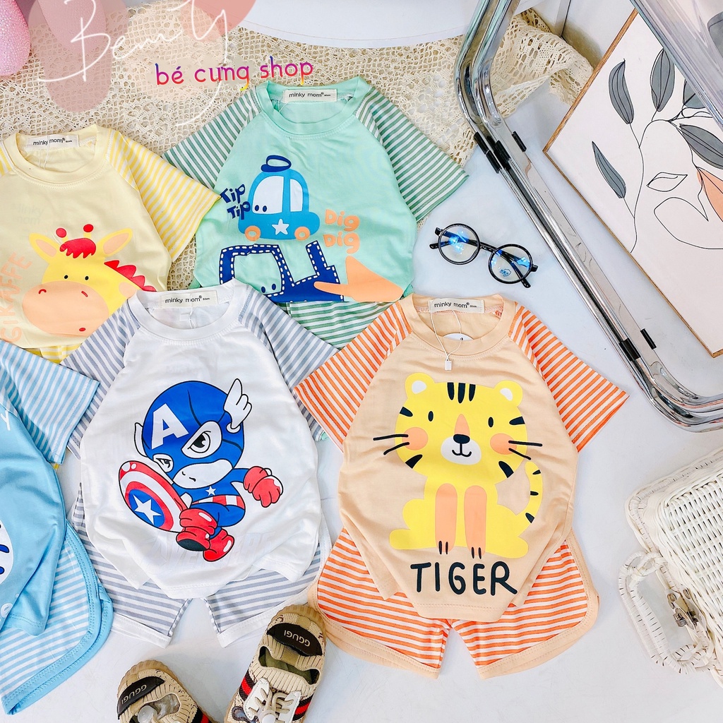 Bộ đồ cộc tay MINKY MOM họa tiết đáng yêu cho bé trai bé gái từ 8- 22kg