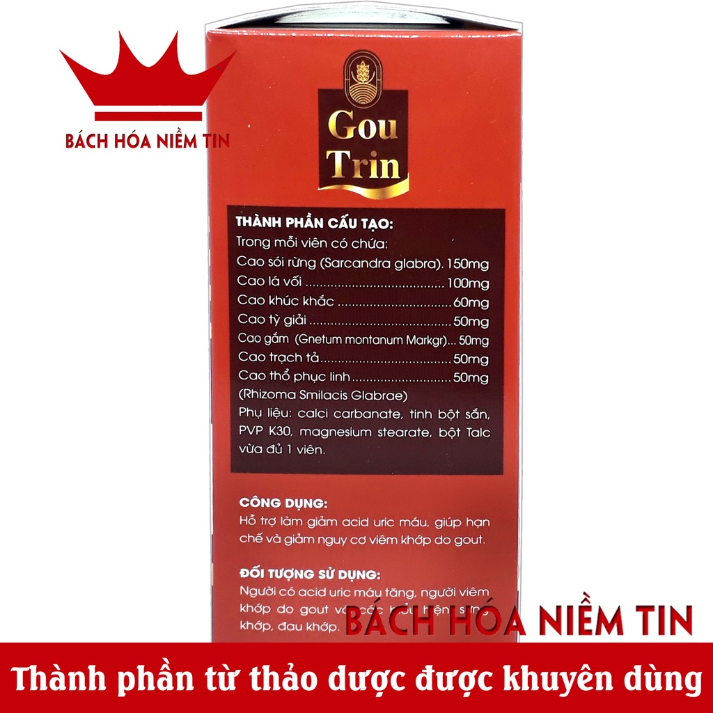 Viên uống giảm Gút GOUTRIN - giảm acid máu, giảm đau, sưng do gout thành phần cao sói rừng - Hộp 30 viên chuẩn GMP