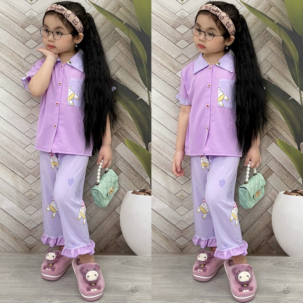 T240 Bộ pijama bé gái tay ngắn quần dài mặc nhà hoạt hình thú dễ thương 11 22kg