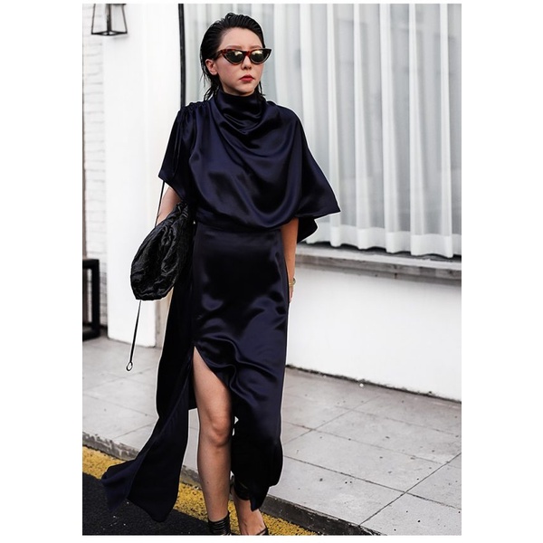 Váy đầm nữ lụa satin cao cấp thiết kế xẻ tà Gemmi fashion, DK8441