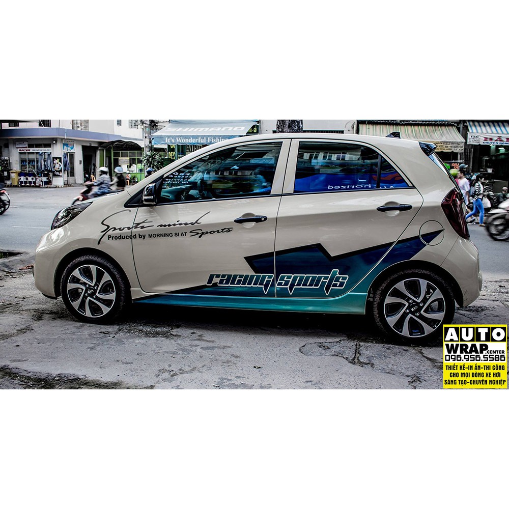 Tem họa tiết xe Morning Blue Racing Sport - Tem họa tiết ô tô Kia, tem dán sườn, dán nắp capo xe thể thao