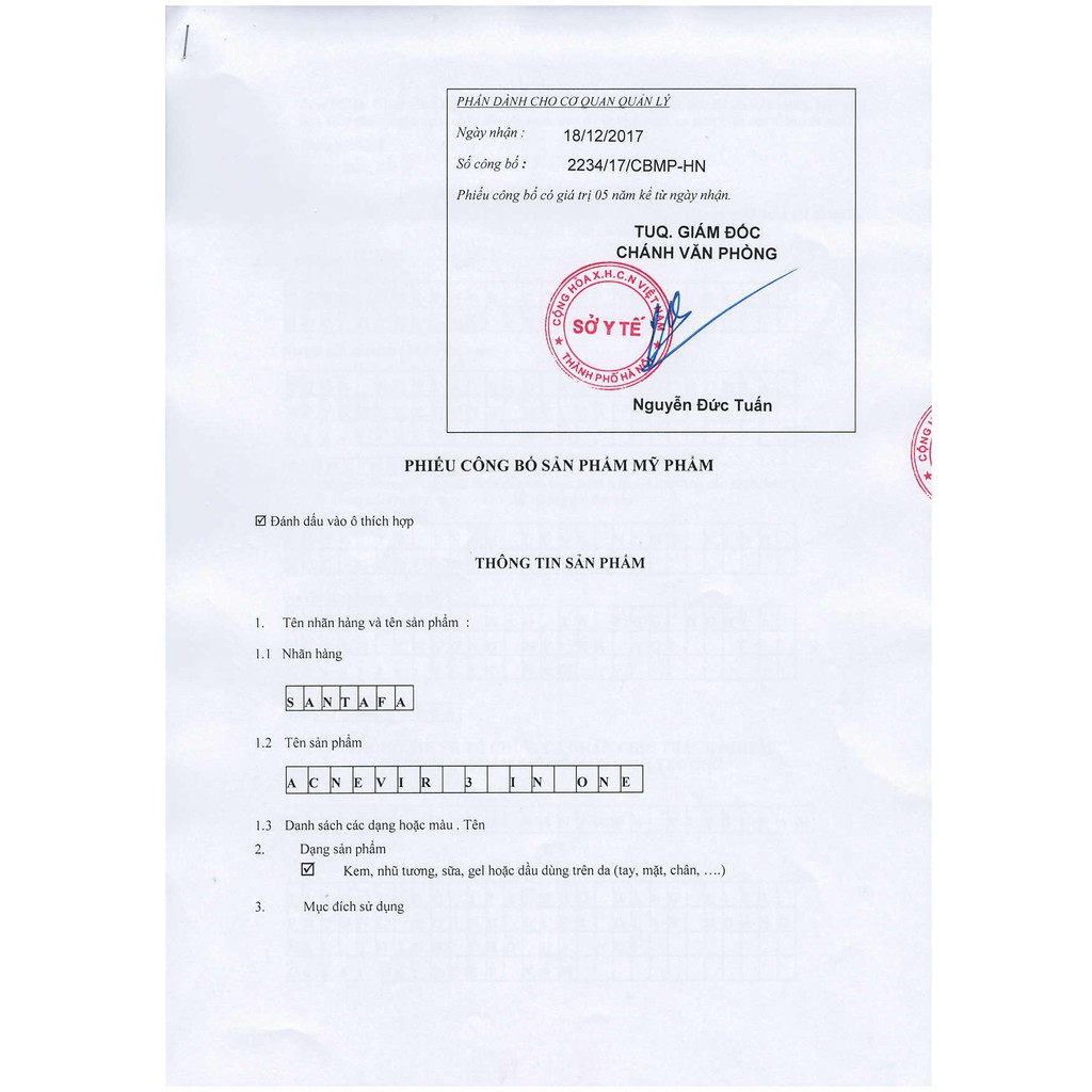 Kem Giảm Mụn Đầu Đen Cho Da Nhờn Da Mụn Acnevir Santafa ( Đỏ ) Tuýp 15 gram