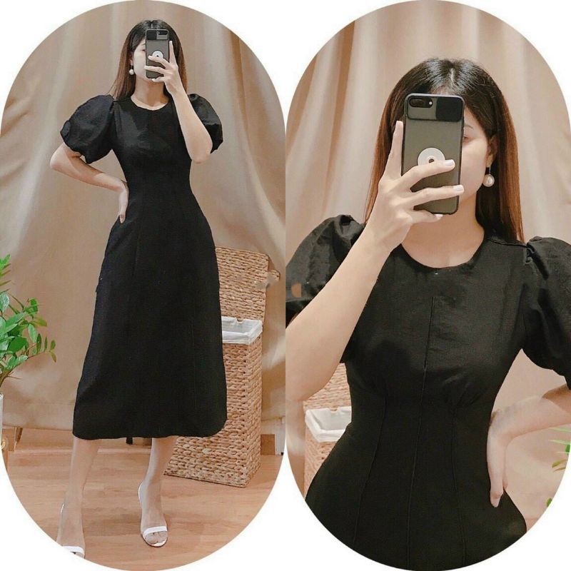 Đầm cổ tròn tay phồng may phối ly dọc thân chất vải linnen Vaco BT93