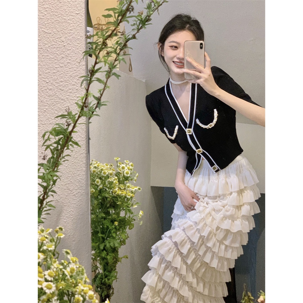 Bộ váy áo tay ngắn dệt kim ôm vừa thanh lịch phong cách mùa hè cho nữ