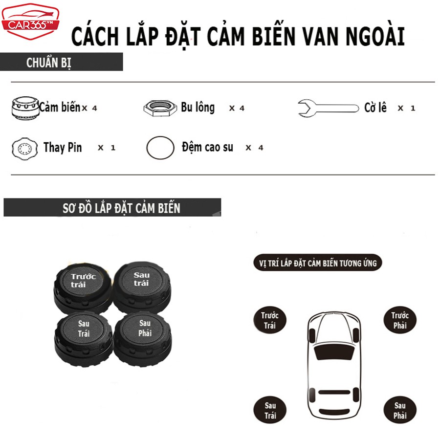 Cảm biến áp suất lốp ô tô xe hơi gắn ngoài cao cấp CAR365VN Cảnh báo tiếng Việt độc quyền - Pin mặt trời, Màn LCD