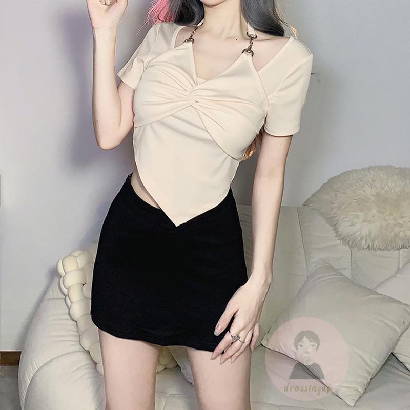 Áo Thun Ngắn Tay Ôm Dáng Phối Dây Xích Thắt Nút Ngực Màu Sắc Độc Đáo Thời Trang Mùa Hè Cho Nữ