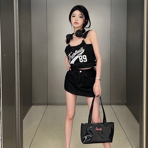 Set Áo Thun In Chữ + Chân Váy Denim Lưng Cao Phong Cách Hàn Quốc Thời Trang Cho Nữ
